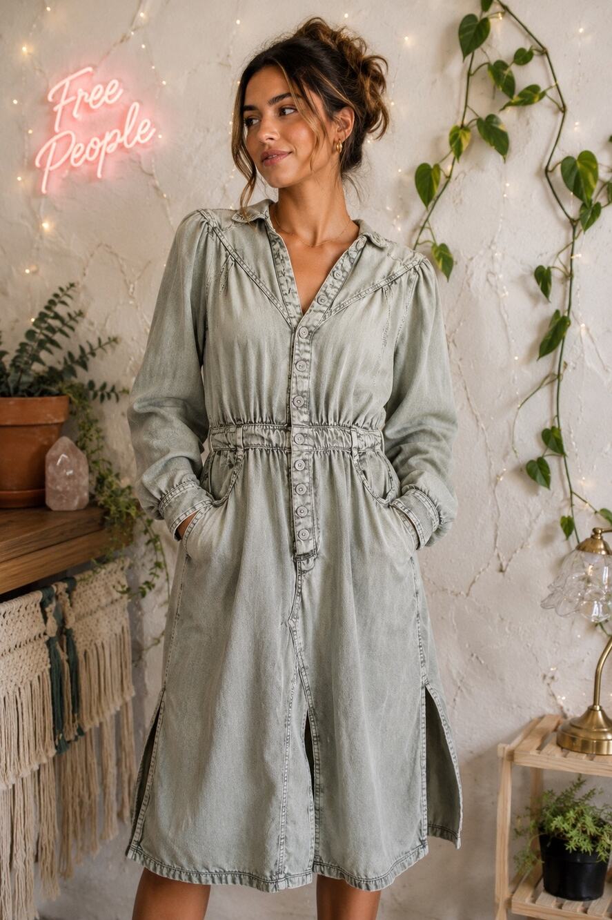 Free People Washed Utility Midi Dress || Size XS